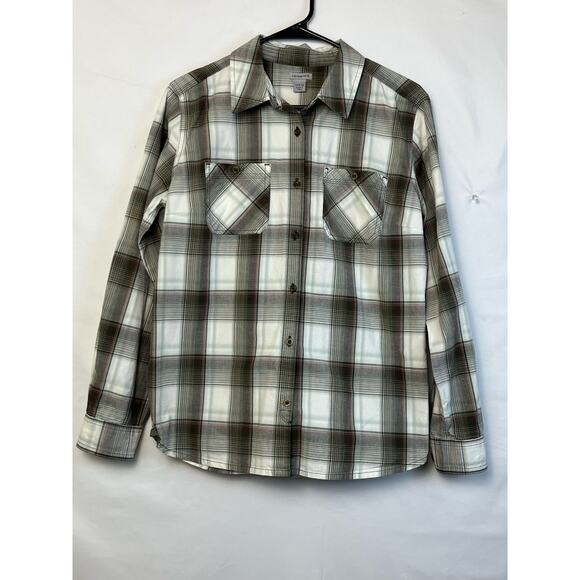Carhartt Women's Size 8-10 Gray/White Plaid Long Sleeve Button Up Collared Shirt - Picture 1 of 8